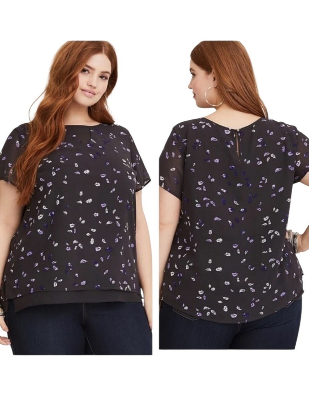Torrid Gray Purple Feather Print Chiffon Blouse
